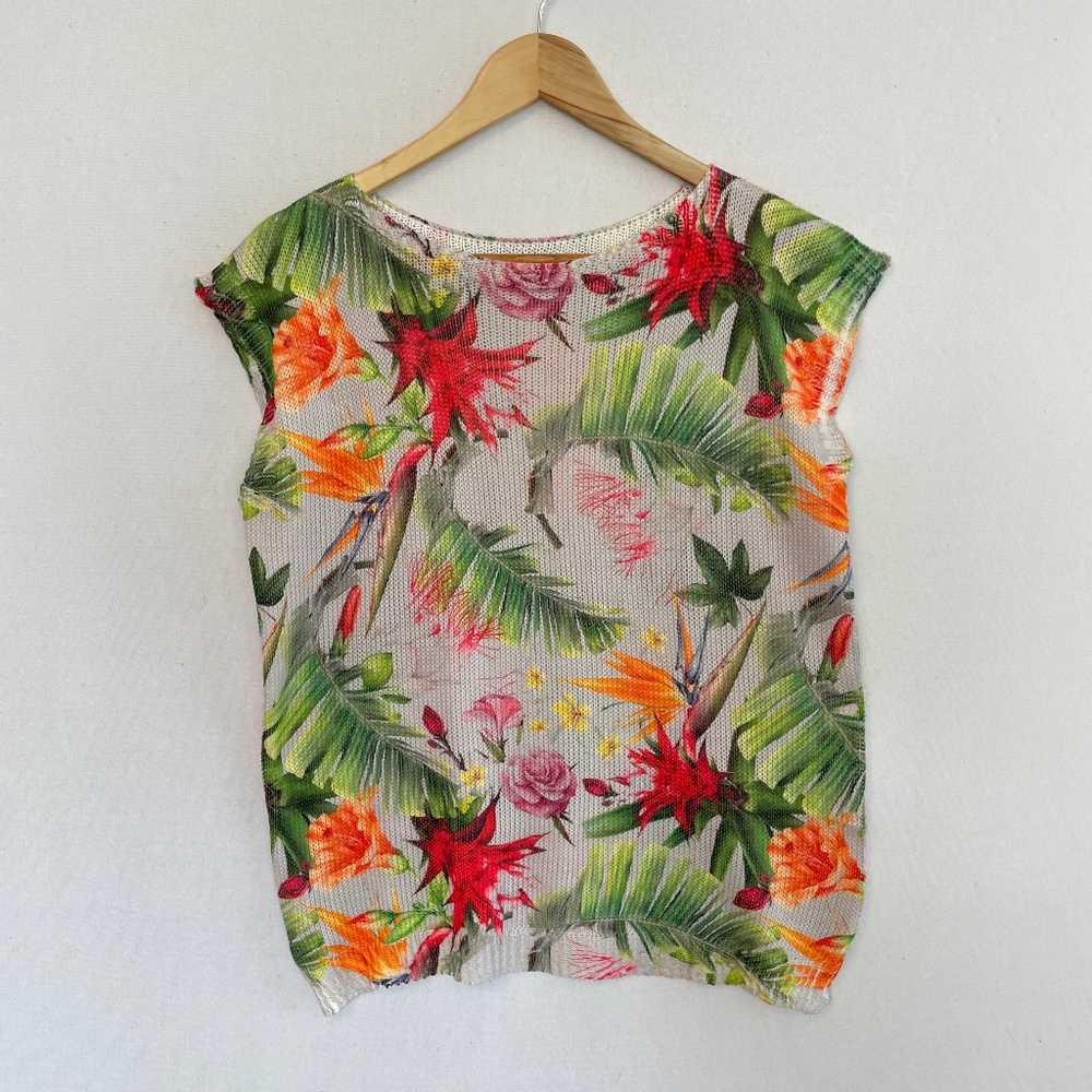 LUISA RICCI Women’s Large Tropical Print Cap Sleeve Lightweight Knit Sweater